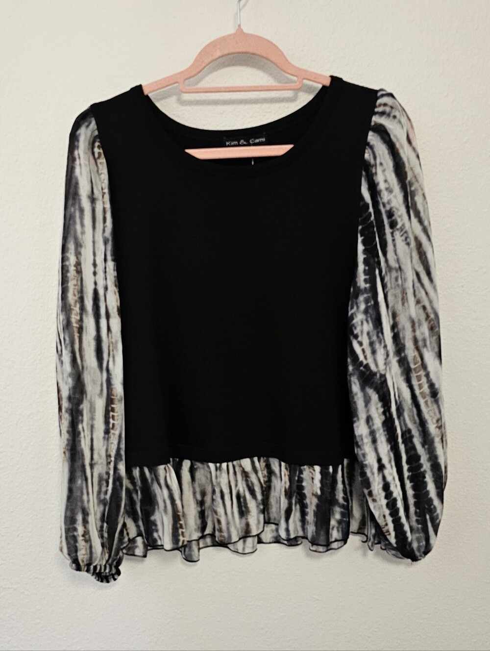 Kim & Cami Black Top with Black-and-White Tie-Dye Sheer Sleeves